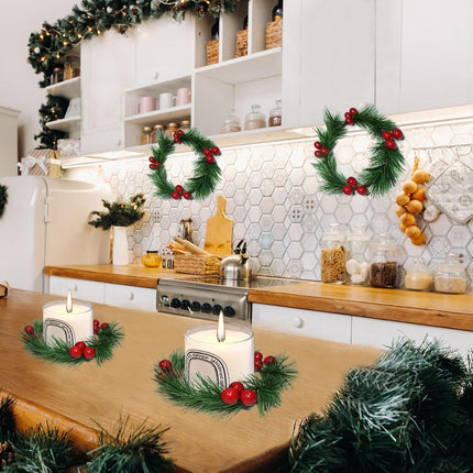 4pcs Christmas Candle Rings Wreaths Artificial Red Berries Greenery Pine Needles Garland Christmas Wreaths Candle Rings Holder for Wedding Christmas Table Centerpiece Home Dinner Table Decor