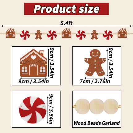 6Ft Christmas Garland Decorations - Felt Jinglebread Man & House with Wood Beads - Christmas Banner Decor for Mantle, Wall, Tree - Perfect for Indoor Christmas Decorations & Party Supply
