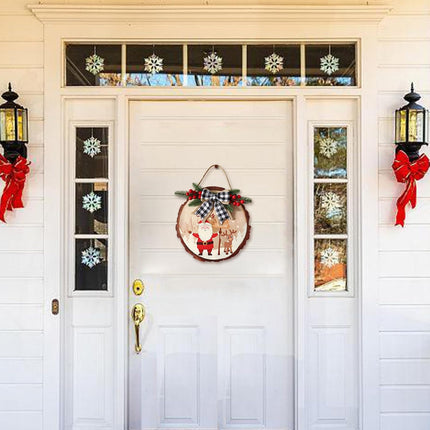 12Inch Christmas Wooden Hanging Door Signs Round Christmas Decorations Indoor Signs Merry Christmas Wreath Sign Xmas Wood Signs with Buffalo Plaid Bow Eucalyptus Berries for Front Door Home Decor