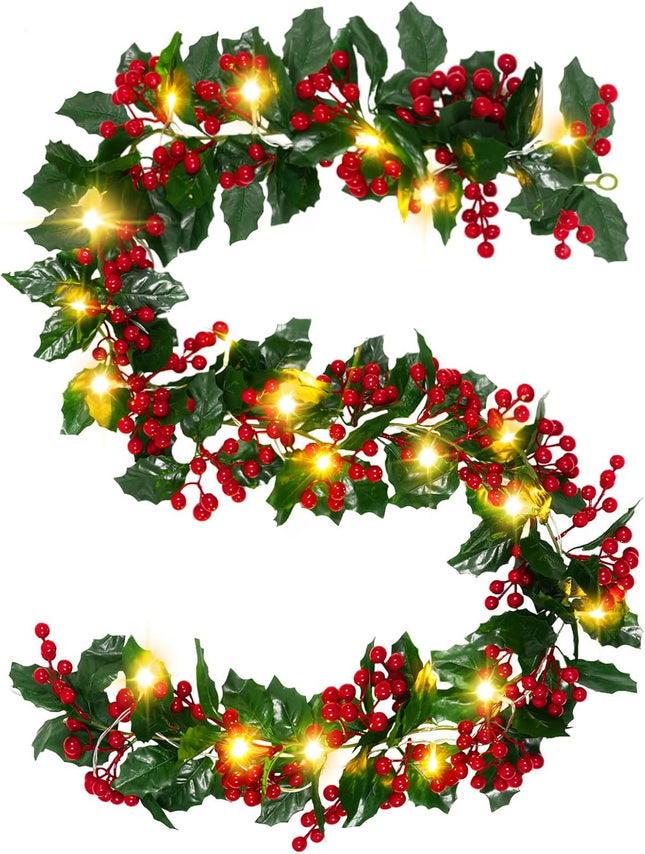 Christmas Garland Decorations, 2 Pack 5.6Ft Realistic Christmas Holly Red Berry Garland for Home Fireplace Mantle Table Stairs Railing Christmas Tree Indoor Outdoor Decor