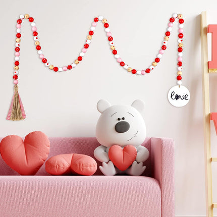 3 Pieces Valentine's Day Wood Bead Garland with Tassel Valentine Tiered Tray Decor 59 inch Rustic Farmhouse Wooden Bead with Jute Rope Wood Beads for Party Valentine's Day Present Home Decors