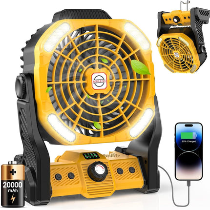 Portable Camping Fan For Tents 20000Mah Rechargeable Battery Operated Fan With Led Light, Portable Travel Fans For Home, Desk