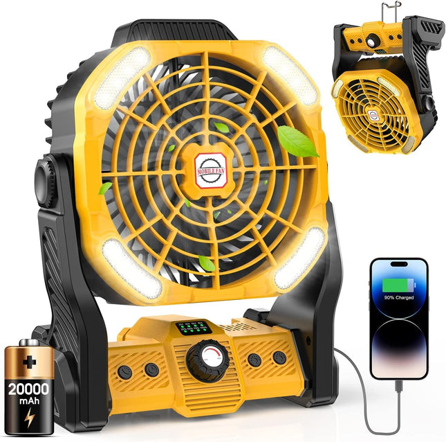 Portable Camping Fan For Tents 20000Mah Rechargeable Battery Operated Fan With Led Light, Portable Travel Fans For Home, Desk