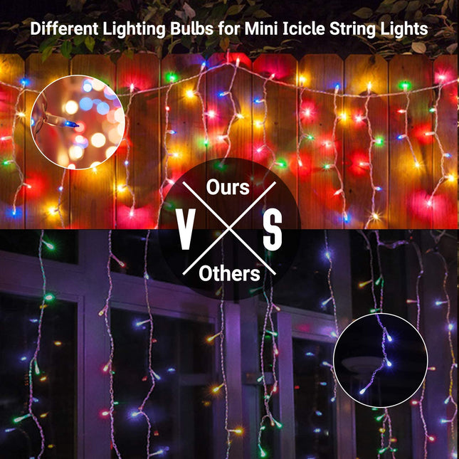 Lomotech Christmas Icicle Lights, 18Ft 54 Drops 300 Count Incandescent Icicle Lights, UL Waterproof Connectable Christmas Lights for Holiday Decorations (White Wire, Multicolor)