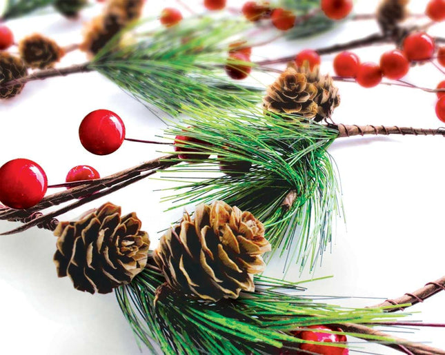 Winter Garland Christmas Decoration of Red Berries, Pine Cones & Evergreen Pine Needle – Unlit Holiday Berry Décor for Home, Kitchen, Bar & Fireplace & Decorative Outdoor Greenery 6 Ft Long Clearance