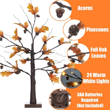Fall Lighted Maple Tree, 24” Battery Operated Artificial Fall Foliage Tree Lights with 24 Warm White LED Timer for Thanksgiving Autumn Harvest Home Tabletop Indoor Decorations