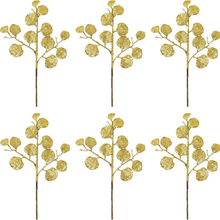 6 Pieces Golden Christmas Tree Picks and Sprays 16.9" Christmas Glitter Eucalyptus Leaves Stems for Christmas Tree Filler Wreath Swag Floral Arrangment Table Centerpieces Decoration