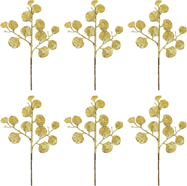 6 Pieces Golden Christmas Tree Picks and Sprays 16.9" Christmas Glitter Eucalyptus Leaves Stems for Christmas Tree Filler Wreath Swag Floral Arrangment Table Centerpieces Decoration
