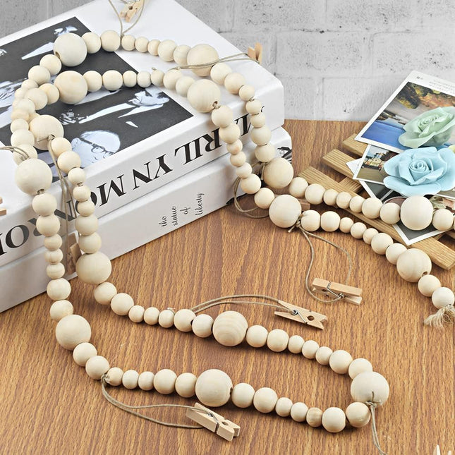 6.46Ft Wooden Beaded Garland with 10 Clothespins Photo Garland Hanging Photo Display Office Nursery Room Banner Decor Christmas Cards Family Holiday Clips Boho Decorations Mother's Day s