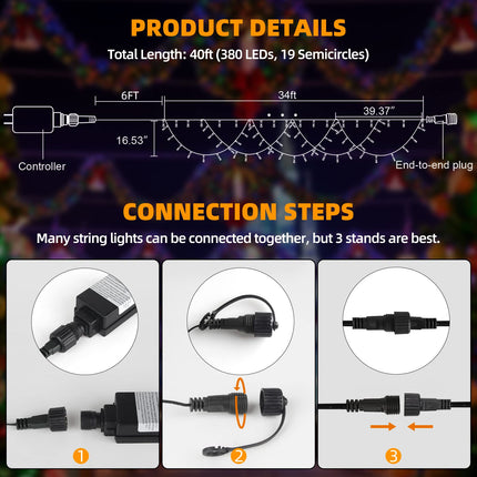 XTF2015 Christmas Lights Outdoor Color Changing 40FT 380 LED Christmas String Lights Extendable 8 Modes, Waterproof Half-Round Christmas Lights for House Roof Eaves Garden Patio(Multicolor)