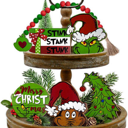 Christmas Tiered Tray Decor, Merry Christmas Tray Decorations, Christmas Tree Max Stink Stank Stunk Wooden Signs Beads Garland, Xmas Holiday Home Decor for Tabletop Shelf Party Mantel