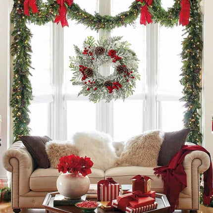 Christmas Wreath, 18 Inch Flocked Snow Wreath with Frosted Branches, Berries and Pine Cones for Front Door Decoration Indoor Window Wall Fireplace Xmas Décor