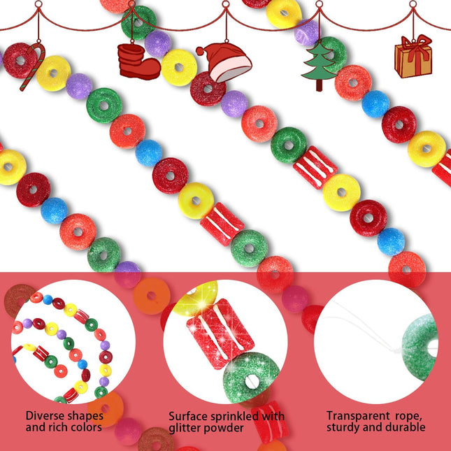 Christmas Candy Garland, 5.9ft Plastic Candy Gumdrop Ball Doughnut Candy Ornament Glittered Garland for Indoor Christmas Tree Mantelpieces Table Runner Centerpiece Candyland Decor (1, Multicolor A)