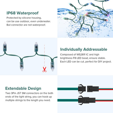 BTF-LIGHTING WS2811 Diffused Digital RGB LED Pixel String Light 12mm Individually Addressable Round LED Module 50pcs/String IP68 Waterproof DC12V