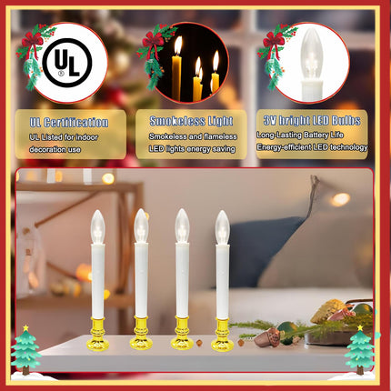 4 Pack Christmas Window Candles Lights, Battery Operated LED Window Candles with Timer (6 On/18 Off), Bright Warm White C26 3V LED Bulbs Window Candles Lights for Christmas Window Wedding Home Decor