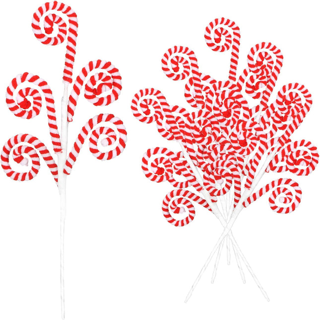 12 Pcs 16 Inch Red White Christmas Tree Picks Decoration Candy Cane Woolen Curly Pick Lollipop Large for Xmas Tree Topper Decor Home Vase Filler Craft Wreath Holiday Party Ornament Garland