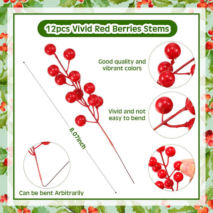 Giegxin 48 PCS Christmas Norfolk Pine Branches with Red Berry Stems 18" Artificial Norfolk Pine Stems Sprigs Artificial Christmas Branches Decorations for Xmas DIY Craft Garland Home Decor