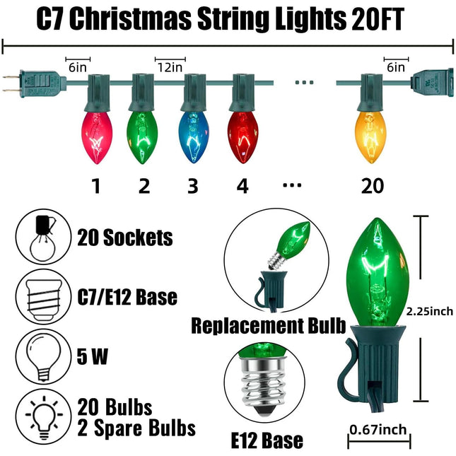 Vintage C7 Christmas Lights, 20Ft Multicolor Christmas Lights Colored Christmas Tree Lights Outdoor Rainbow Christmas Lights with 20+2 Pack Bulbs for Home Yard Indoor Outdoor Christmas Decorations