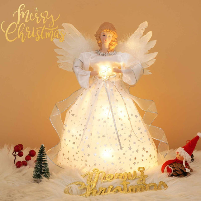 Christmas Angel Tree Topper, Tree Topper Angel with Lights, 8 Modes Christmas Tree Ornament with Timer, Battery Operated Lighted Treetop Ornaments Indoor Christmas Decorations