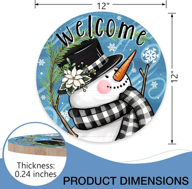 Deroro Welcome Winter Snowman Blue Front Door Sign, Buffalo Plaid Pine Branch Wood Door Hanger Outdoor Outside Porch Decor, Snowflake Christmas Holiday Wooden Wreath Indoor Wall Hanging Decoration