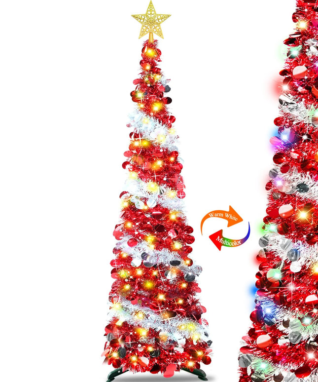 Dual Color Change & Timer - 5FT Pop Up Christmas Tree, Red Tinsel Christmas Tree 50 Warm White & Colored Lights 8 Mode 3D Star Sequins 1 Minute Collapsible Pencil Christmas Tree Home Indoor Party