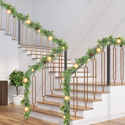 6ft prelit Lighted Christmas Garland with LED Lights,Battery Powered with Pine Cones,Eucalyptus Leaves,Berries, Pine Needles,Christmas Garland for Fireplace Mantle Decorations. (White Berries)