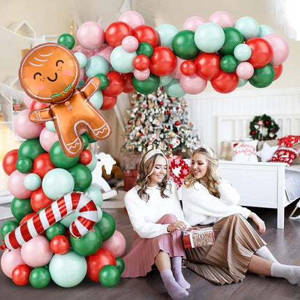 Red White Christmas Balloon Garland Kit, 85PCS Christmas Balloon Garland Arch Kit Macaron Pink Green Balloon Candy Cane Foil balloon Gingerbread Man for Christmas Decorations Year Party Supplies