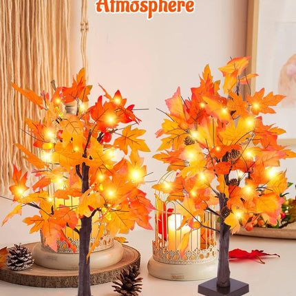 Fall Maple Tree with Lights, 2 Pack 25'' Artificial Fall Decorations for Home, Halloween Indoor Thanksgiving Table Decor USB & Battery Operated Autumn Tree with Acorns, Pine Cones, Pumpkin