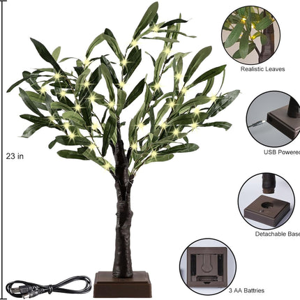 2FT Olive Tree with LED Lights, 30 LED Artificial Twinkle Tree with Timer, Lighted Greenery Tree Bonsai Fairy Tabletop Lamp Christmas Tree for Home Decor