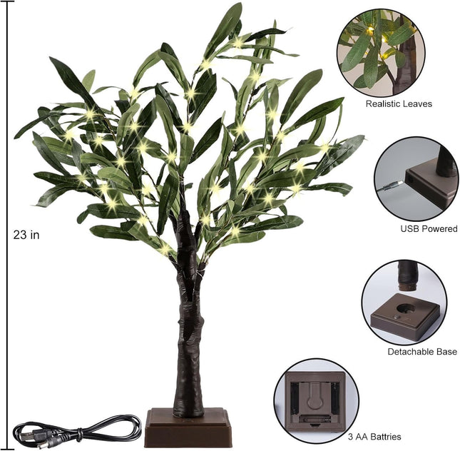 2FT Olive Tree with LED Lights, 30 LED Artificial Twinkle Tree with Timer, Lighted Greenery Tree Bonsai Fairy Tabletop Lamp Christmas Tree for Home Decor