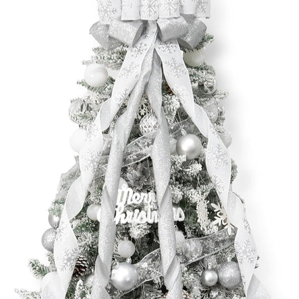 Christmas Tree Topper Bow, 53x13 Inches Large Christmas Bow with Glitter Streamer and Patterned Ribbon, Decorative Bows for Xmas Tree Wreath Door Festival Home Decor(White & Silver Snowflake)