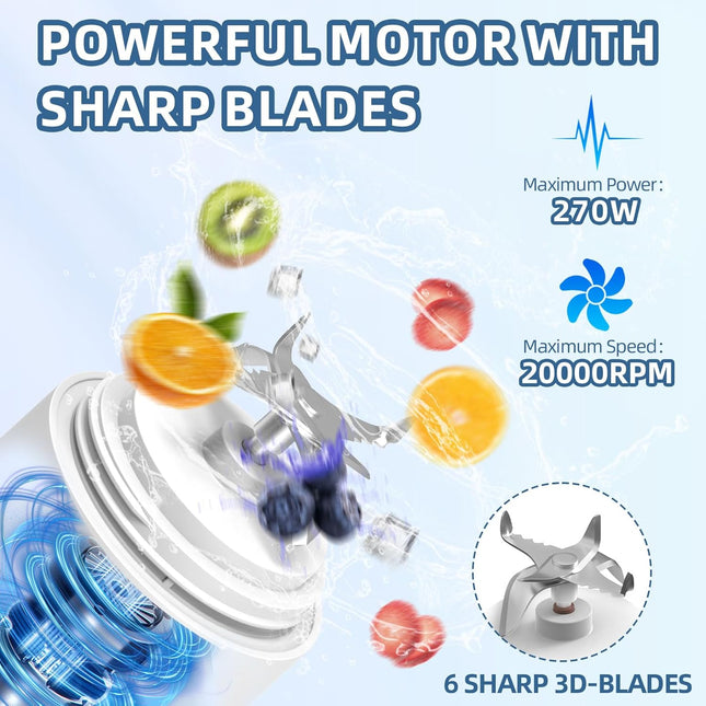 DENOKIN Portable Blender, Shakes and Smoothies Cordless Personal Size Blender 20oz with 6 Blade and a Travel Lid (Apple White)