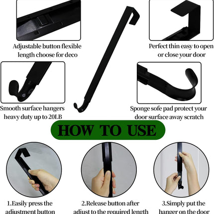 Wreath Hanger for Front Door, Adjustable Wreath Hanger from 15 to 25 Inches Wreath Hanger, 20 lbs Larger Door Wreath Hanger Christmas Fall Wreaths Decorations Hook (Black)