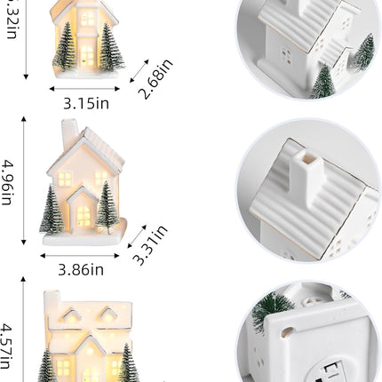 Ceramic White Christmas Village Houses, 3Pcs Light Up Small Porcelain Village House with 6Pcs Christmas Trees, LED Lighted Tabletop House Figurines for Home Decor, Winter Holiday DIY,