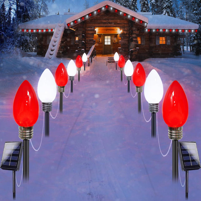 12-Pack Jumbo C9 Red White Solar Christmas Lights, d 12LED Outdoor Christmas Decorations, Solar Powered Lights Waterproof for Outside Xmas Path Garden Yard and Patio Decoration (Red and White)