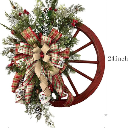 Christmas Wreath, 24 inch Artificial Plaid Bow Holiday Pine Cones Wreath Hanging Roulette Wheel Garland for Front Door Decoration and Christmas Party Decor