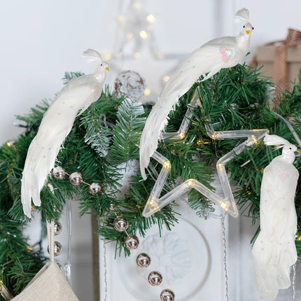FQQWEE 6Pcs Artificial Feather White Peacock Birds with Clip Artificial Peacock Sequin Birds Clip on Christmas Tree Ornaments Simulation White Feather Peacock Crafts Xmas Tree Decor (6Pcs)