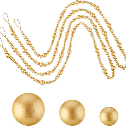 27feet Christmas Wooden Beads Wood Garland for Christmas Tree Bobo Christmas Holiday Decoration Boho Wall Hanging Farmhouse Home Decor Rustic(Gold)