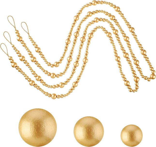 27feet Christmas Wooden Beads Wood Garland for Christmas Tree Bobo Christmas Holiday Decoration Boho Wall Hanging Farmhouse Home Decor Rustic(Gold)