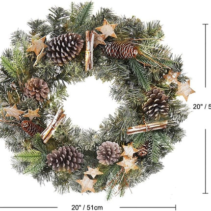 Christmas Wreath 20" Christmas Front Door Wreath with Pinecone Wood Stars Artificial Hanging Wreath for Xmas Home Room Wall Fireplaces Indoor/Outdoor Porch Winter Decor