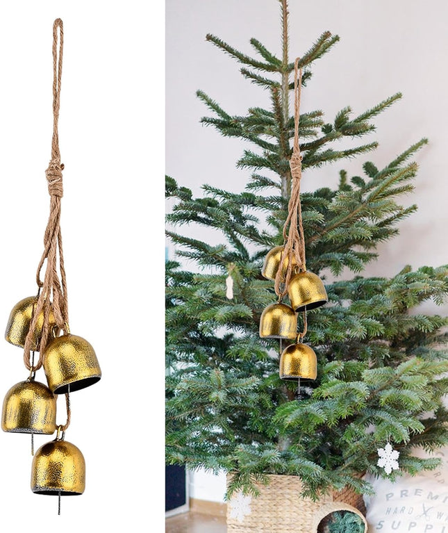 Christmas Bells Cow Bell, Gold Bell Chime Christmas Decor, Garden Bells Ornament, Rustic Iron Bells Vintage Christmas Bells, Metal Bells with Rope, Christmas Bells for Decoration (54cm)
