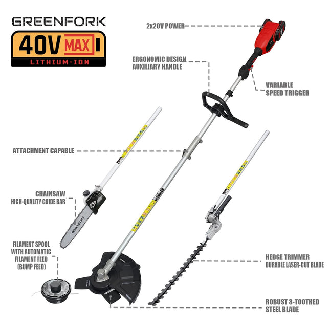 GREENFORK 40V 4-in-1 13.4" Cordless String Trimmer & 3T Brush Cutter with Pole Saw and Hedge Trimmer, 2 x 2AH Battery and Charger Included(2 x 20V)