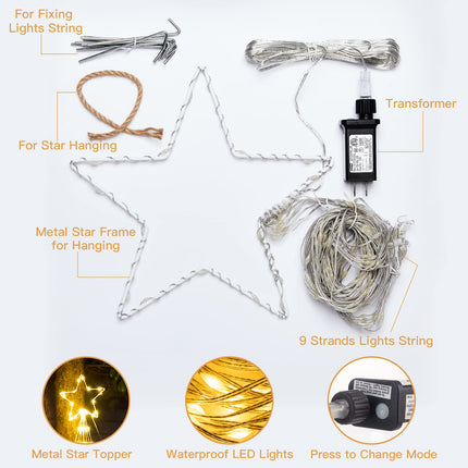 Christmas Decorations Star String Lights - 344 LED 11.8ft 9 Strands Waterfall Tree Lights with Topper Star, 8 Lighting Modes Christmas Lights Indoor Outdoor Decorative for Wedding Yard Party Home