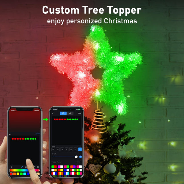 Aoycocr Smart Christmas Tree Topper, 10” Rainbow Lacquer Star Tree Topper, Static Dynamic Modes, RGB Color Changing, USB Powered, 15 LEDs Xmas Tree Toppers for Christmas Tree Decor