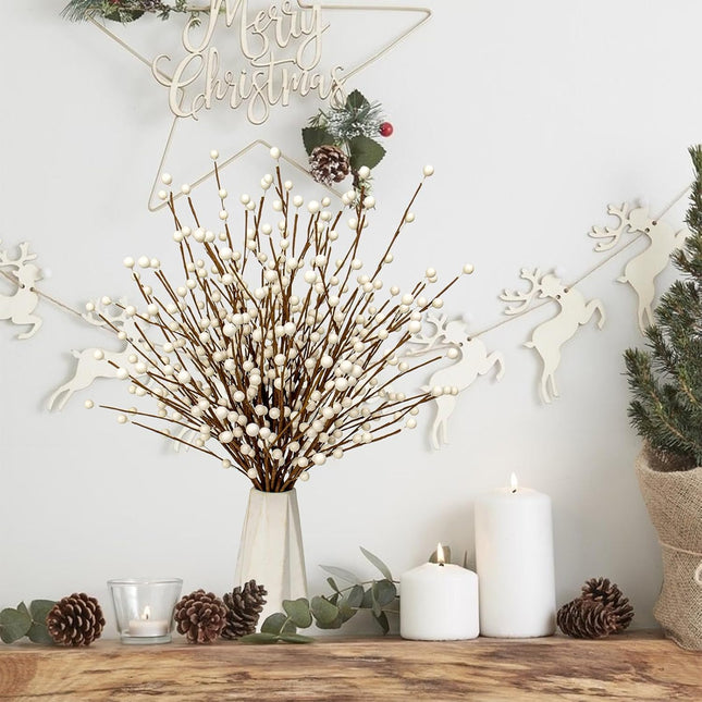 24 PCS White Berry Picks 17 Inch Tall Christmas Berry Stems Christmas Tree Branches with White Berries for Xmas Tree Winter Holiday Vase Filler Centerpiece Flower Arrangement