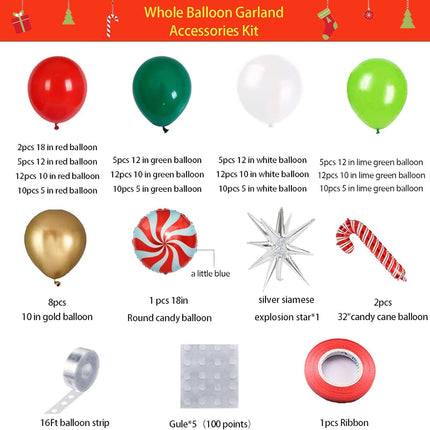 Christmas Balloon Garland Arch Kit with Xmas Red Dark Green White Gold Lime Green Balloon Candy Balloon Cane Balloon Silver Siamese Exploding Star Balloon for Christmas Party Decorations