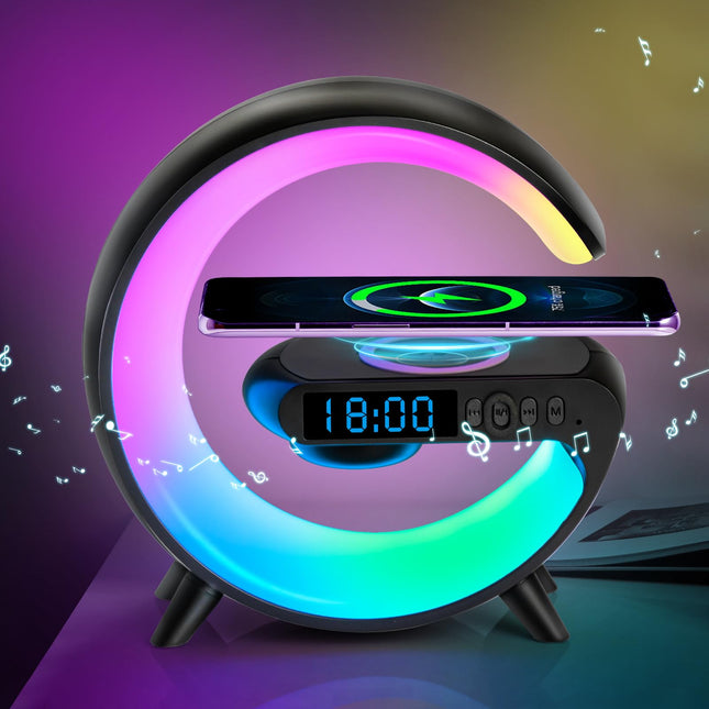 Mini G Type Wireless Charging Atmosphere Lamp with Bluetooth Speaker Alarm Clock Night Light 15W Wireless Charger Speaker for Bedside Lamp Ambient Lighting for Christmas (Black)