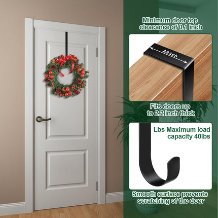2 Pack 15” Wreath Door Hanger, Wreath Hooks for Front Door 40lb Load-Bearing, Metal Wreath Hanger for Welcome Sign Christmas Halloween Easter Decor (Black)