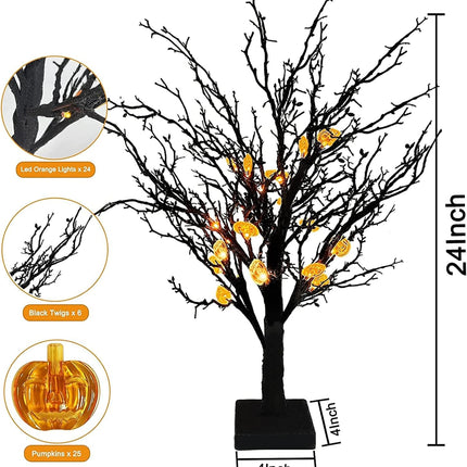 TURNMEON Timer 24 Inch Prelit Black Halloween Tree Decorations with 24 Orange LED 25 Pumpkin Battery Powered Halloween Black Spooky Tabletop Tree Decor Indoor Home Party