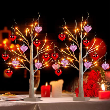 Remon Valentine 2Ft Birch Tree Light, 24 LED White Birch Tree Battery Powered Timer, Artificial Valentine Tree Included Set of 10 Valentine's Day Heart Ornaments for Table Center Decor Home Indoor